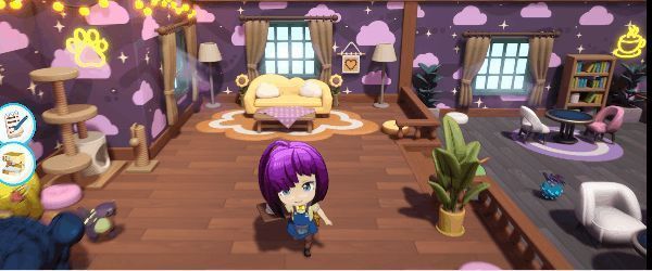 玩家角色在森林中发现一只发光小生物，轻轻将其抱起，背景有微光粒子飘散，画面充满童话感