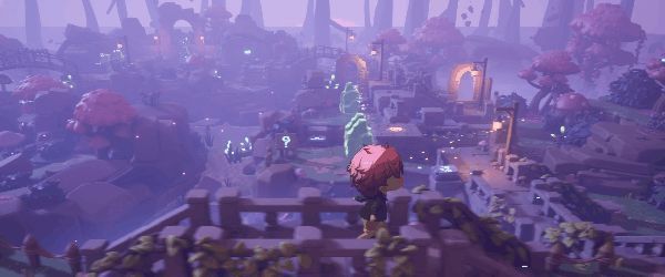 玩家穿过一道发光的魔法传送门，进入一个漂浮在空中的奇幻岛屿，周围有飞舞的光点与奇异植物，场景梦幻唯美