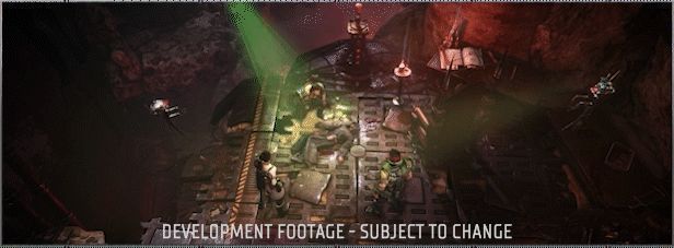 外星废墟中，小队穿越崩塌的走廊，墙壁上布满未知文明的壁画与血迹