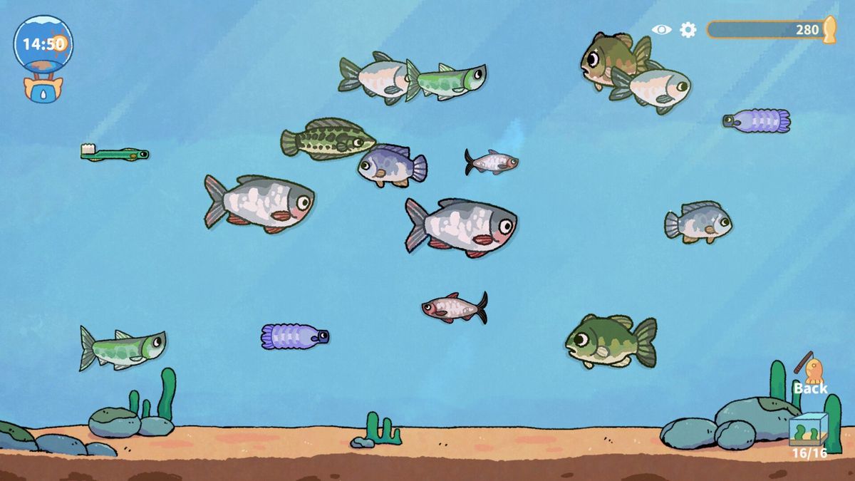 白天森林湖泊场景，阳光透过树叶洒在水面上，小猫专注钓鱼