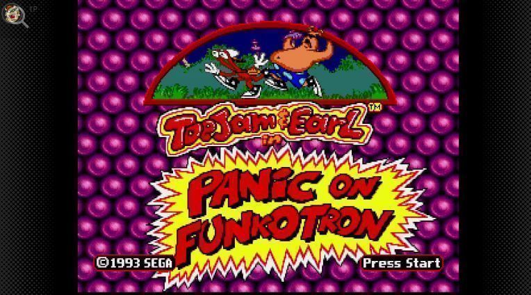 《Toejam & Earl》游戏画面，两名外星角色在草地上跳跃，背景充满卡通风格房屋