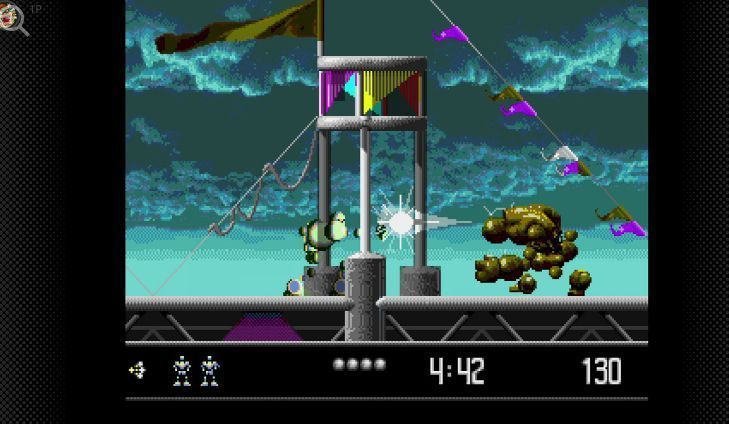 激烈枪战场景，玩家角色在爆炸火光中翻滚躲避子弹