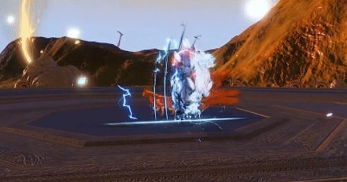 狴犴在低血量下触发审判技能，雷光自地面升起，锁定前方敌人