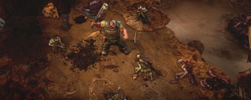 《战锤40K：黑暗异端》游戏实机画面，展示阴暗工业风格的外星城市，角色身穿重型动力装甲在废墟中行进，天空呈现血红色，充满末世压迫感