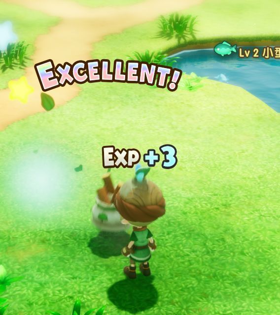 玩家在森林中采集木材的场景，角色正挥动斧头砍树，界面显示SP条和采集进度