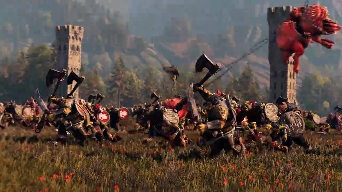 绿皮兽人军团在战场上狂笑冲锋，手中武器五花八门，场面极度混乱