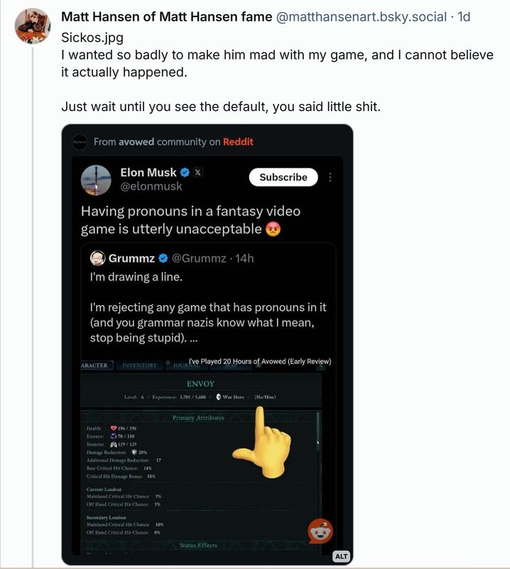 Matt Hansen在Bluesky发布的截图，显示马斯克转发Grummz批评《宣誓》的推文，并附带讽刺性评论