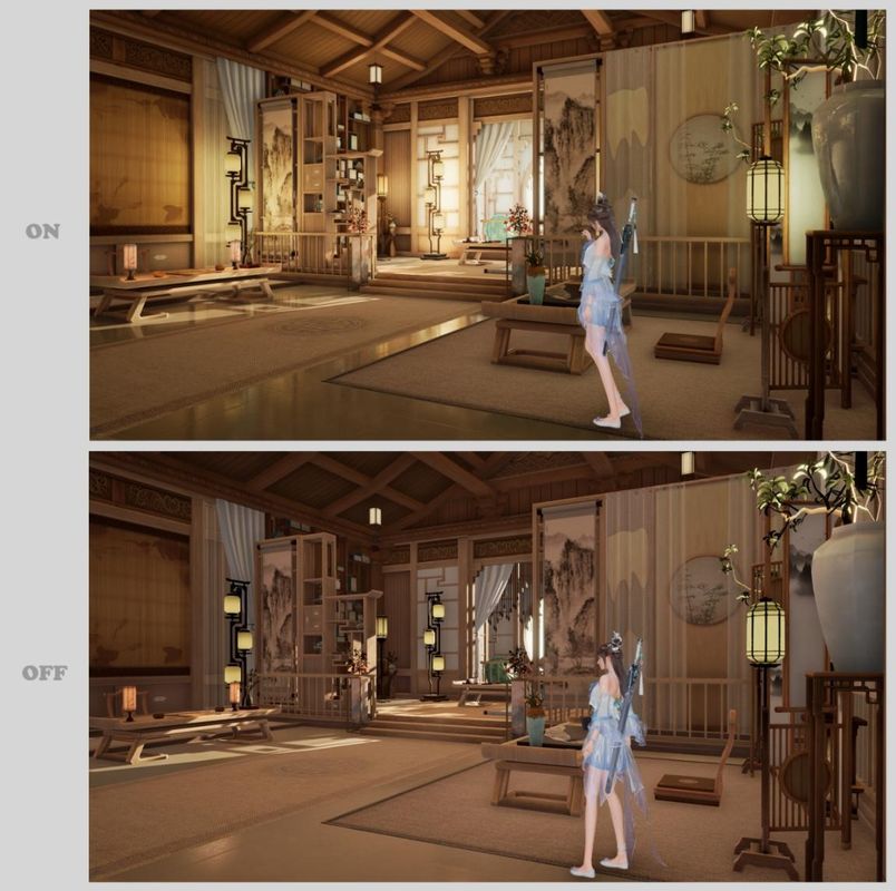 《诛仙2》鸿蒙原生版光追效果对比图，左侧为普通渲染，右侧开启端云光追，水面反射、建筑光影细节大幅提升