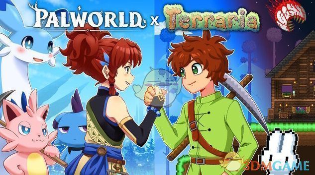 《幻兽帕鲁》与《泰拉瑞亚》联动宣传图，画面中帕鲁角色与泰拉瑞亚经典角色并肩站立，背景融合两作的世界风格