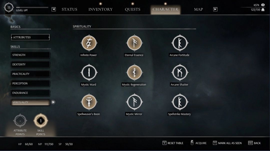 《污痕圣杯：阿瓦隆的陨落》技能树界面截图，清晰展示专家级技能分支，包括施法者恩赐、神秘魔镜与法术精通的图标与说明