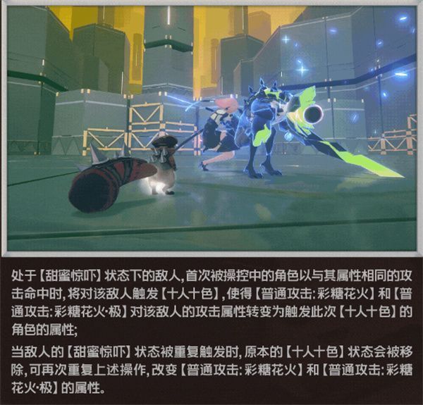 游戏内状态图标展示“甜蜜惊吓”debuff效果，敌人头顶出现闪烁的糖果标记