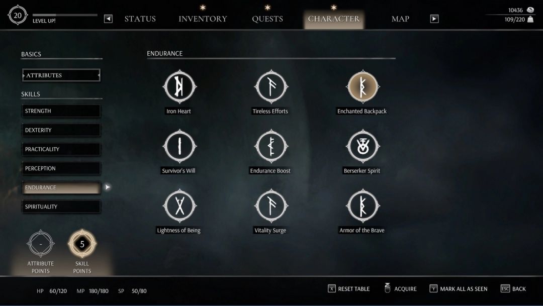 技能树界面展示耐力分支的专家级技能，包括生命之轻、活力涌动与勇者盔甲，突出高阶技能的视觉特效与解锁条件