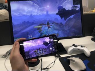 Mac用户通过GameViewer远程控制PC端《魔兽世界》，屏幕显示角色在主城中行走