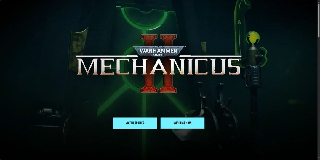 《战锤40K：机械神教2》官网页面截图，展示首页的导航栏、新闻公告区与背景中的机械神教标志