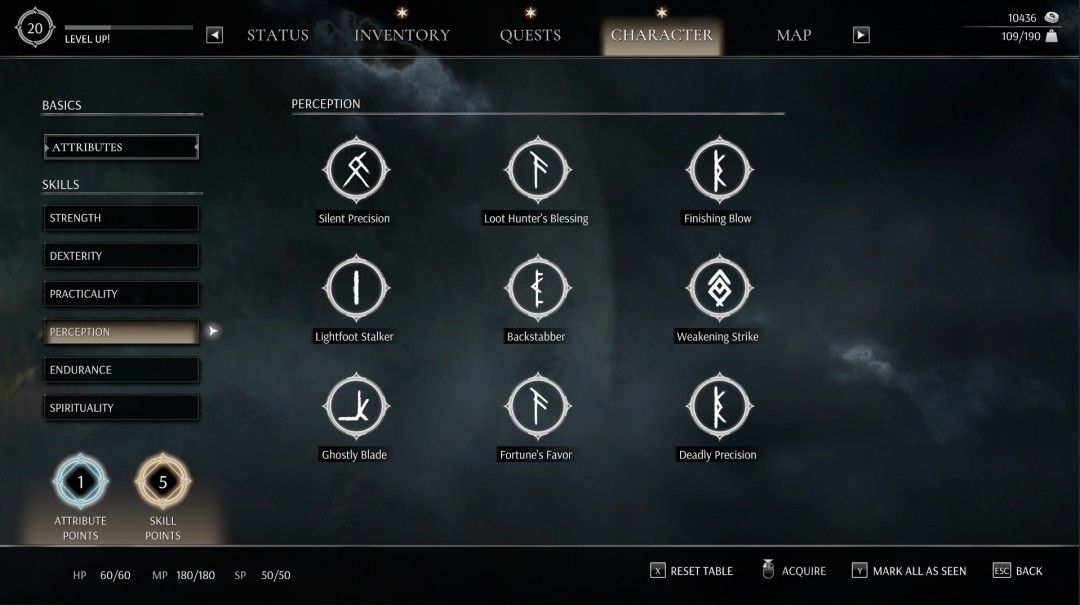 技能树界面展示感知系专家技能：幽灵之刃、幸运之恩、致命精确，背景为暗黑风格圣杯遗迹