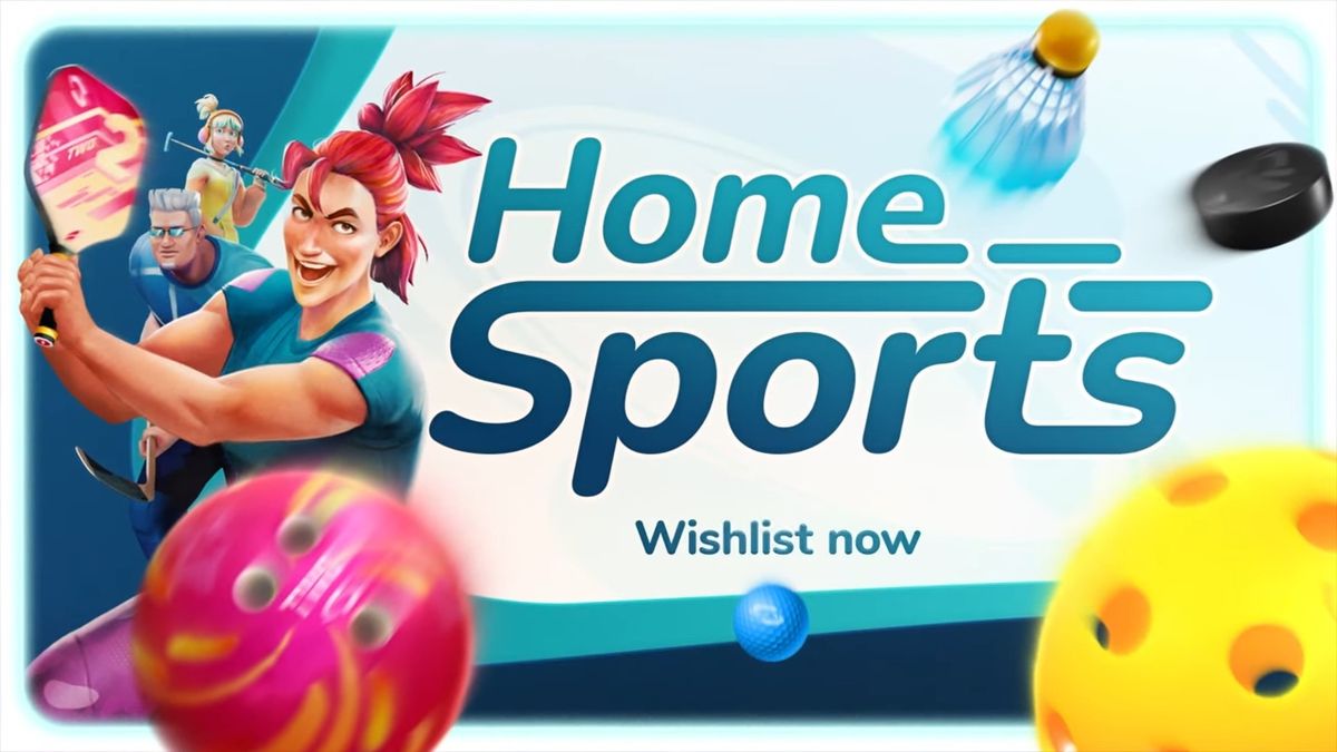《Home Sports》游戏画面展示玩家在虚拟环境中进行羽毛球对战，背景为明亮的室内运动场馆，角色动作流畅自然