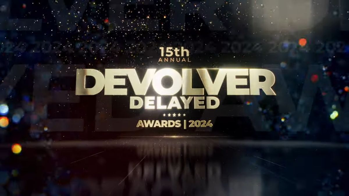 Devolver Digital宣传图，画面中一个夸张的奖杯悬浮在空中，背景是多个卡通风格的游戏角色剪影，整体风格幽默荒诞