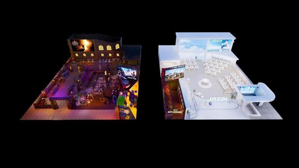 科隆展KRAFTON展台布局示意图，清晰标注试玩区、互动区与周边领取点