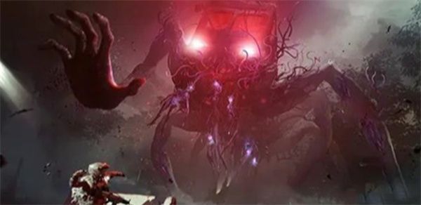 蜘蛛巢穴内部场景，通道布满蛛网和卵囊，地面散落商队遗物，气氛压抑