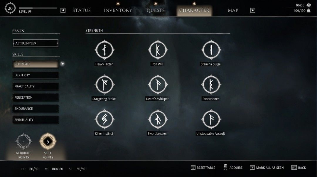 《污痕圣杯：阿瓦隆的陨落》技能树界面截图，重点标注力量系高级与专家技能的解锁路径与效果说明