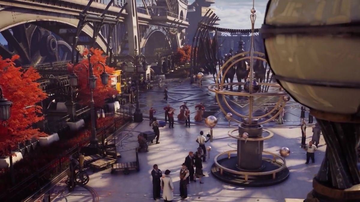 纽阿克城市全景，蒸汽管道交错，飞艇穿梭于灰暗天空，展现典型的蒸汽朋克都市风貌