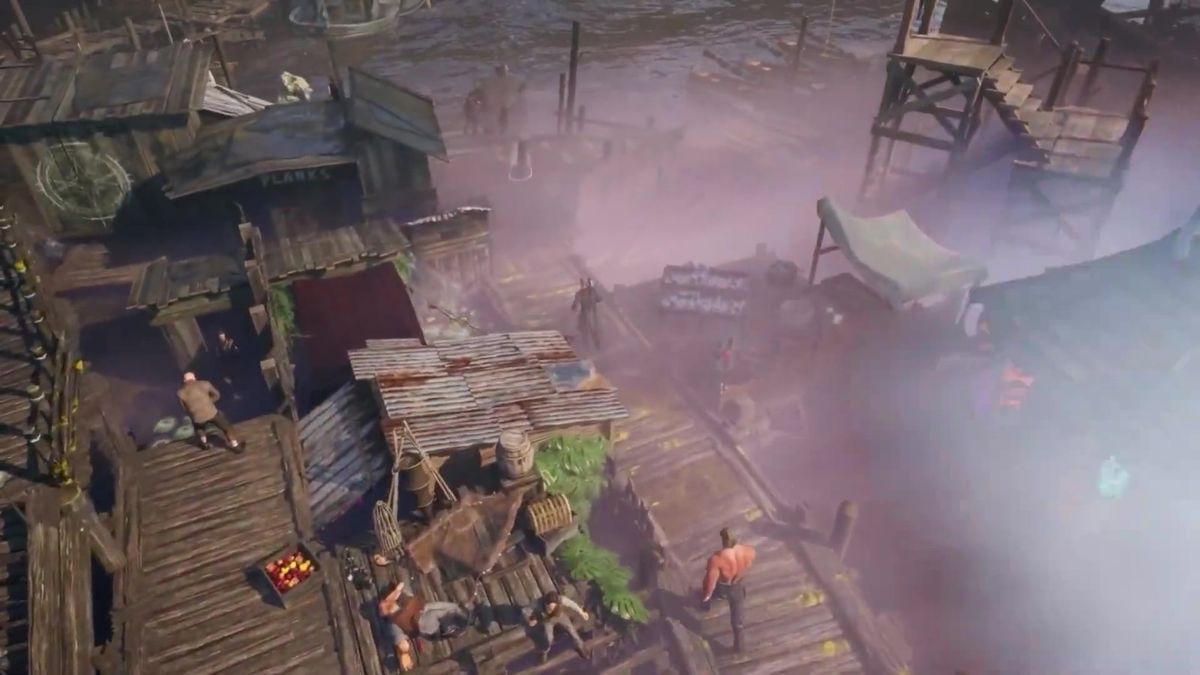 主角站在高处俯视城市，背后是燃烧的工厂与升起的飞艇，象征权力更迭的时刻