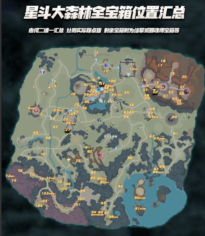 地图标注图，红色圆点密集分布于星斗大森林各区域，清晰展示108个宝箱位置