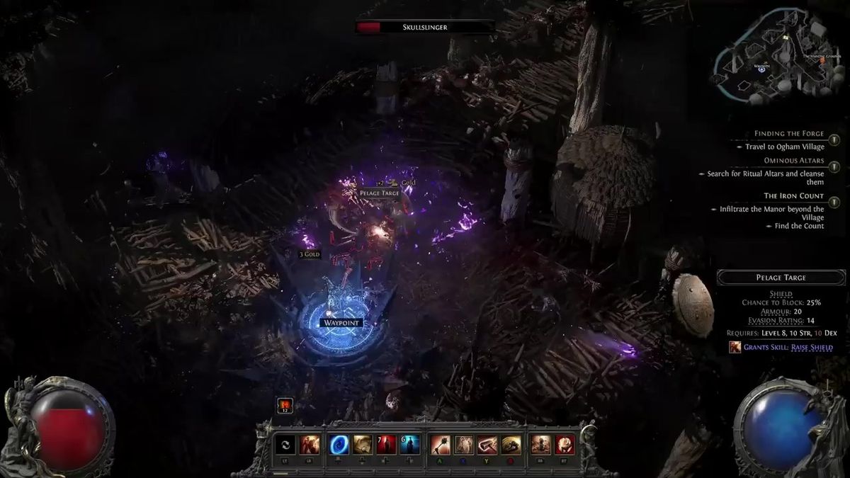 玩家角色在废墟城市中穿行，天空乌云密布，远处有巨大雕像耸立