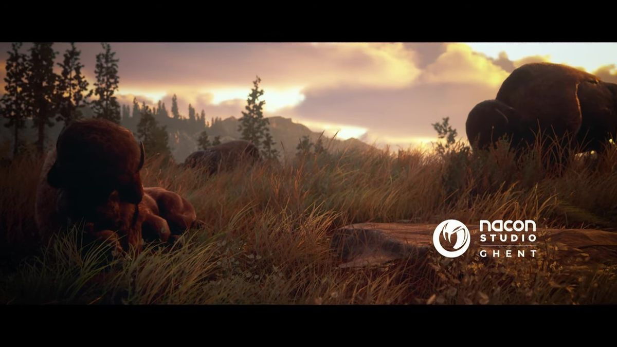 《模拟狩猎3》游戏画面展示玩家在雪地中潜行接近一头白尾鹿，背景为茂密森林