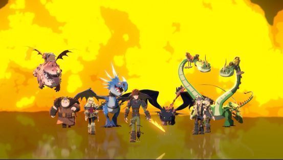 《驯龙高手：旅程》宣传图，小嗝嗝与没牙仔在夕阳下的博克岛上并肩站立，背景是飞翔的群龙和维京风格的村落