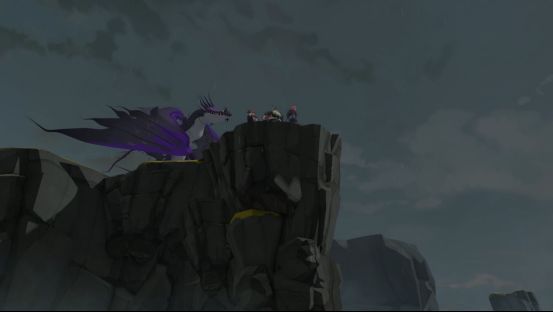 神秘龙骑手背影立于悬崖，黑色唤雷龙展开双翼，雷电在其周身缠绕，气氛充满压迫感