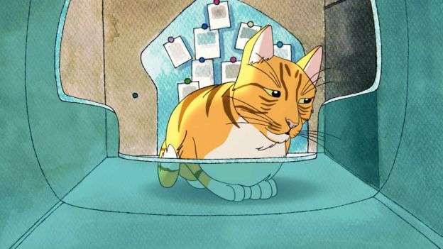 游戏内彩蛋画面，一只名为‘新鲜哥’的猫咪出现在街头涂鸦墙边，回头望向玩家