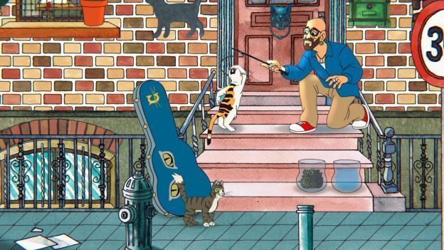 摩卡与小狗对峙的紧张画面，狗舍管理员手持捕网出现在远处