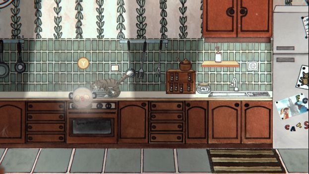 摩卡躲在纸箱中悄悄潜行，周围是高大的人类鞋履