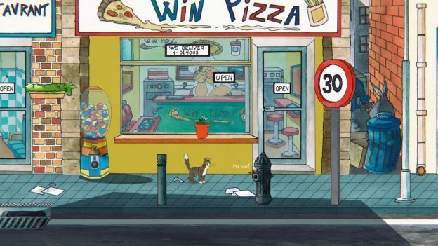 主角摩卡站在桥上回望家园，眼神坚定，风拂动毛发