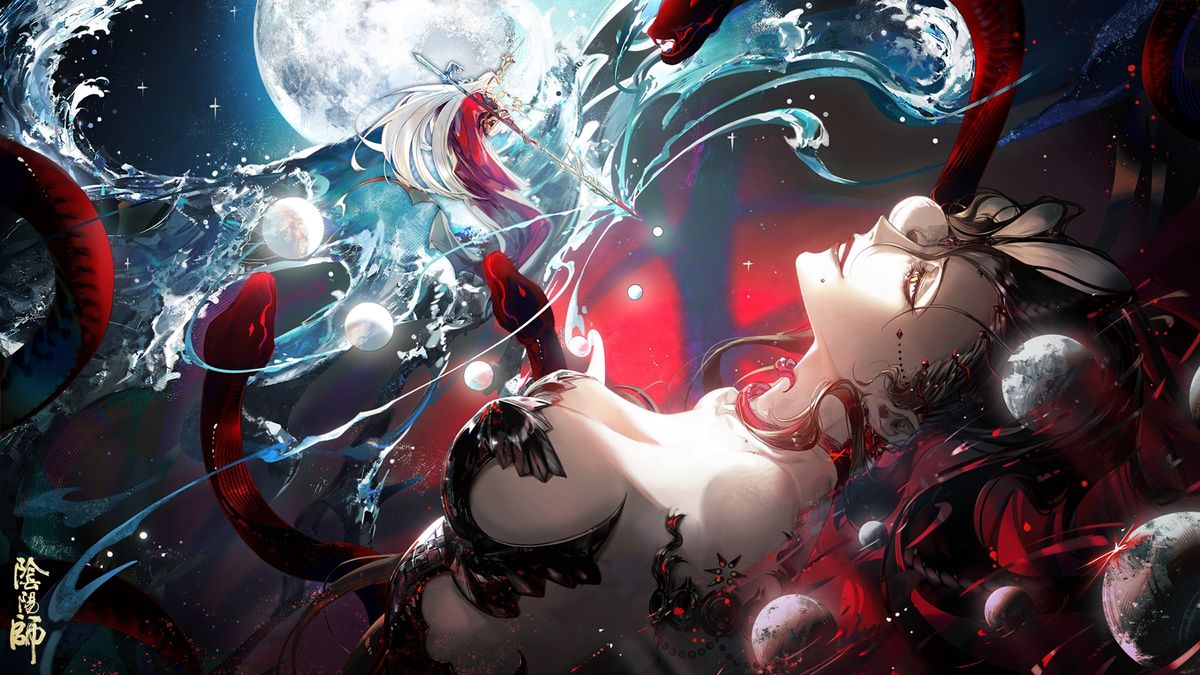 插画黄泉之役，伊邪那美立于黄泉边界，手持权杖，身后蝶群与亡魂共舞