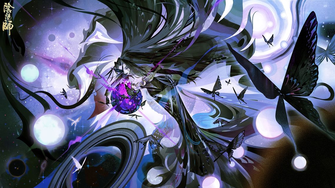 插画玩赏星骸，伊邪那美坐于星骸之上，蝶影环绕，宇宙崩塌于脚下