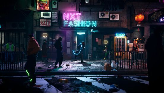 主角阿克塞尔·麦科因身穿风衣行走在阴暗巷道中，背景是巨大的全息广告牌和悬浮车辆，氛围压抑而神秘