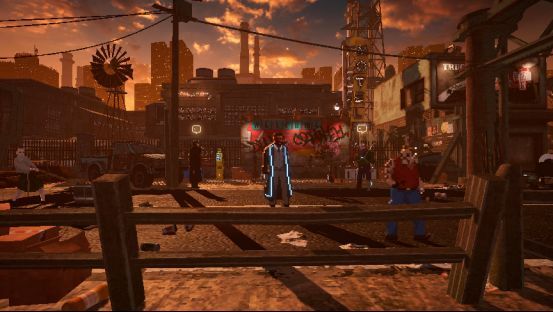 游戏内角色群像展示图，五名主要角色站成一排，风格融合像素与手绘，背景为动态数据流和城市剪影