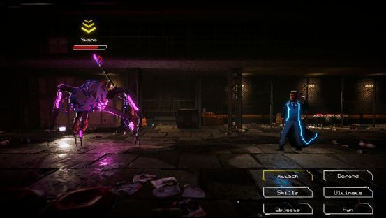 战斗场景截图，像素风格角色在3D城市背景下展开回合制对决，技能特效绚丽，敌人呈现机械改造特征