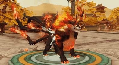 《天下》手游战兽【炽野炬火】火焰形态展示，通体赤红，鬃毛如烈焰燃烧，背景火焰升腾，气势磅礴