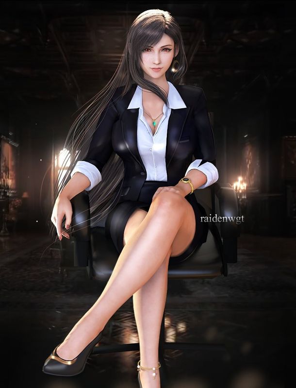 蒂法身穿黑色紧身衣站立于城市夜景中，长发随风飘扬，眼神坚定