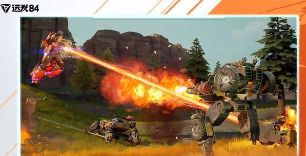 蜘蛛战车在废墟地形中跳跃前行，四条机械腿灵活伸缩，车身稳定悬浮于空中