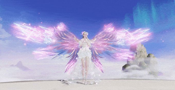 龙饮太初翅膀动态展示，黑紫色羽翼中央橘光扩散，逐渐转化为金色骨架特效