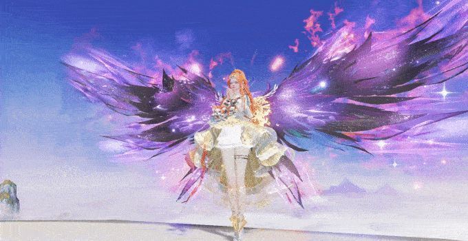 粉色与蓝色交织的梦幻羽翼展开，虹光闪烁，层层叠叠如梦境般绚丽