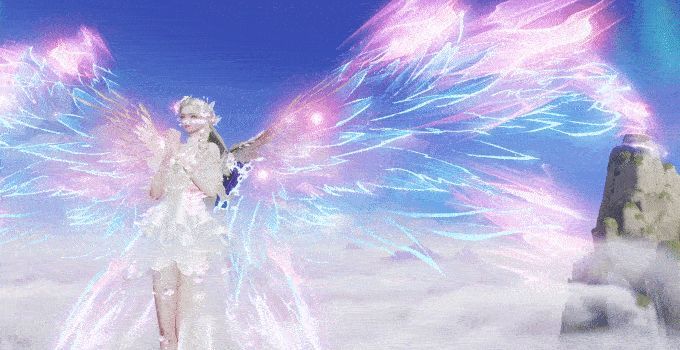 羽翼从半透明线框形态切换为实体密羽，展现双形态自由转换特效