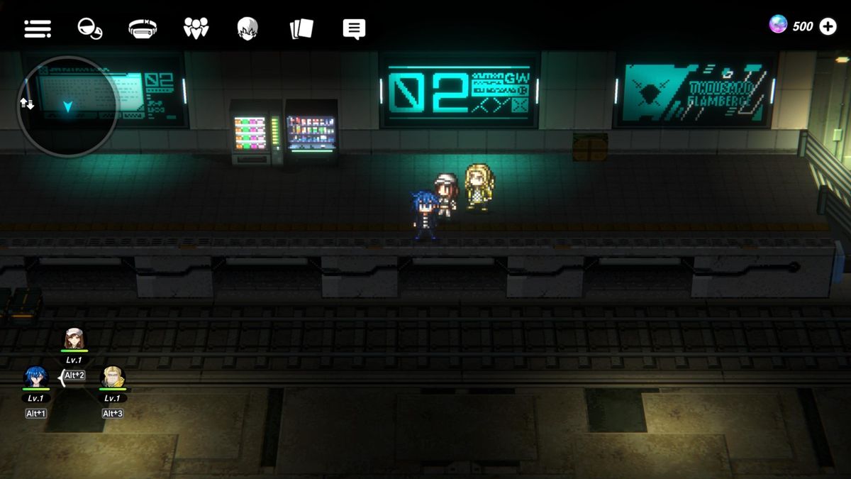 2D点阵风格的城市地图，角色在街道间移动，周围标注任务图标与可互动点