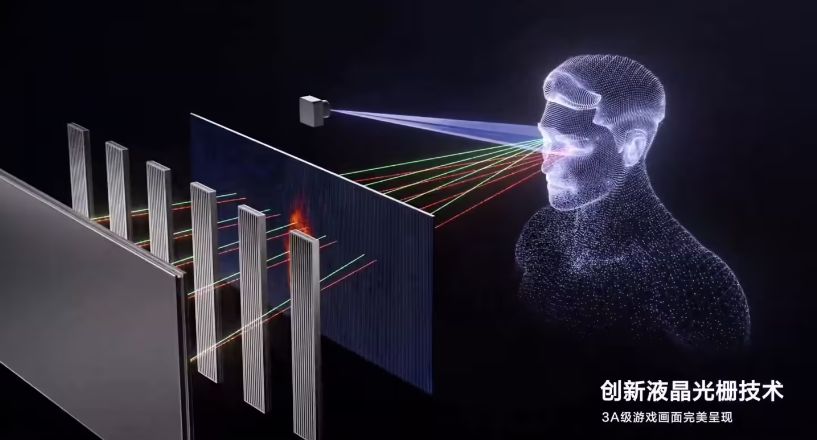 掌机屏幕特写，显示立体化游戏画面，人物与场景具有明显景深层次