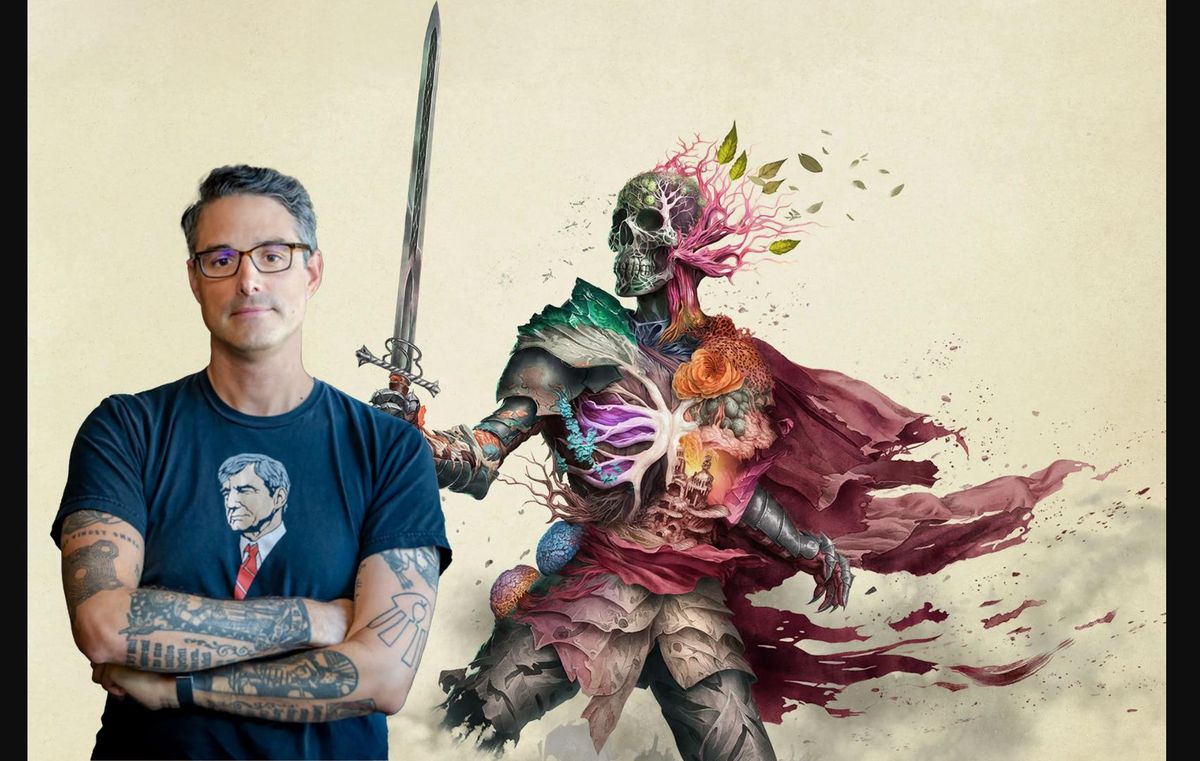 《宣誓》游戏内场景展示，角色在奇幻森林中与神秘生物对峙，画面充满黑曜石风格的写实美学