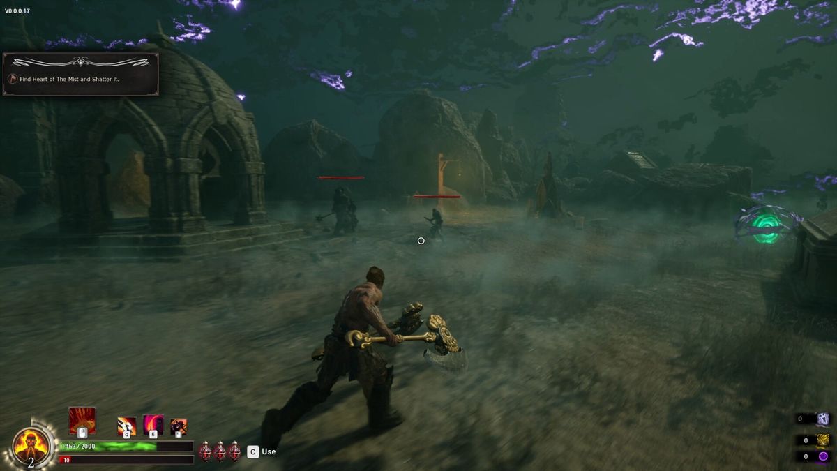 角色站在高台之上，俯瞰被红雾笼罩的废墟城市，背景雷电交加